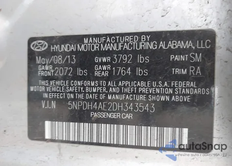 2013 Hyundai Elantra Gls z USA, uszkodzony, nr VIN 5NPDH4AE2DH343543